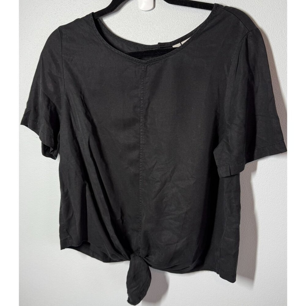 IO Women Small Black Tencel Lyocell Short Sleeve Tie Front Blouse Button Up Back